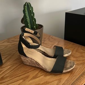 Women’s Black and Cork Wedge with Ankle Strap